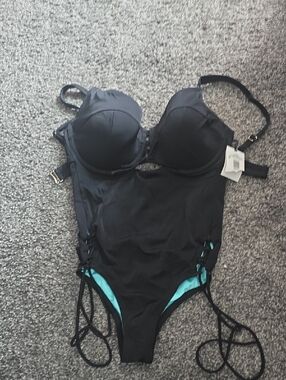 Shade & Shore Black One-Piece Swimsuit with Lace-Up Sides